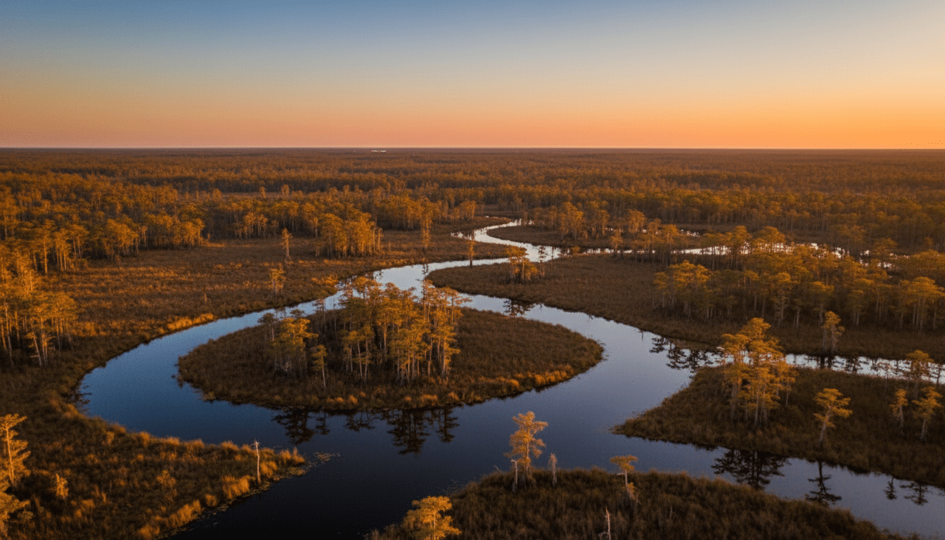 A dramatic, cinema-grade aerial drone photograph of a Louisiana landscape at golden hour, with rich contrast and clear sky, used as a full-width hero background behind white text.